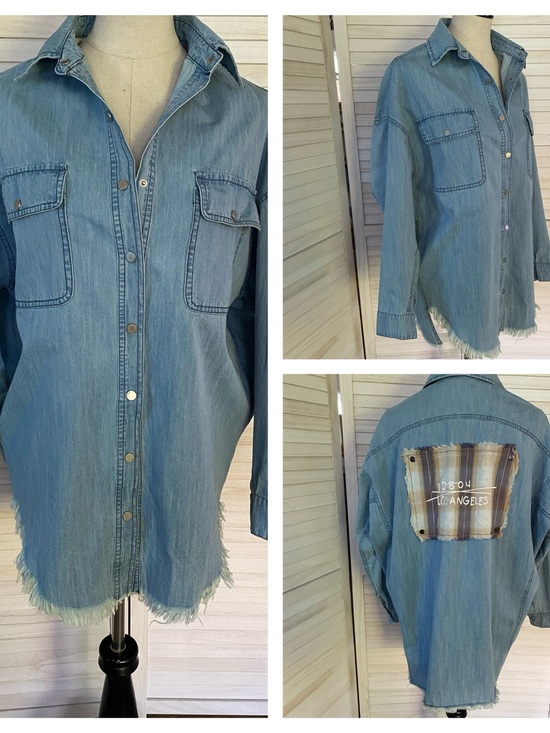 POL Tops - POL Blue Denim Button-Down Shirt/Shacket with Back Plaid Patch SZ S